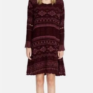 Johnny Was Avery Boho Aztec Burgundy Eyelet Embroidered Dress